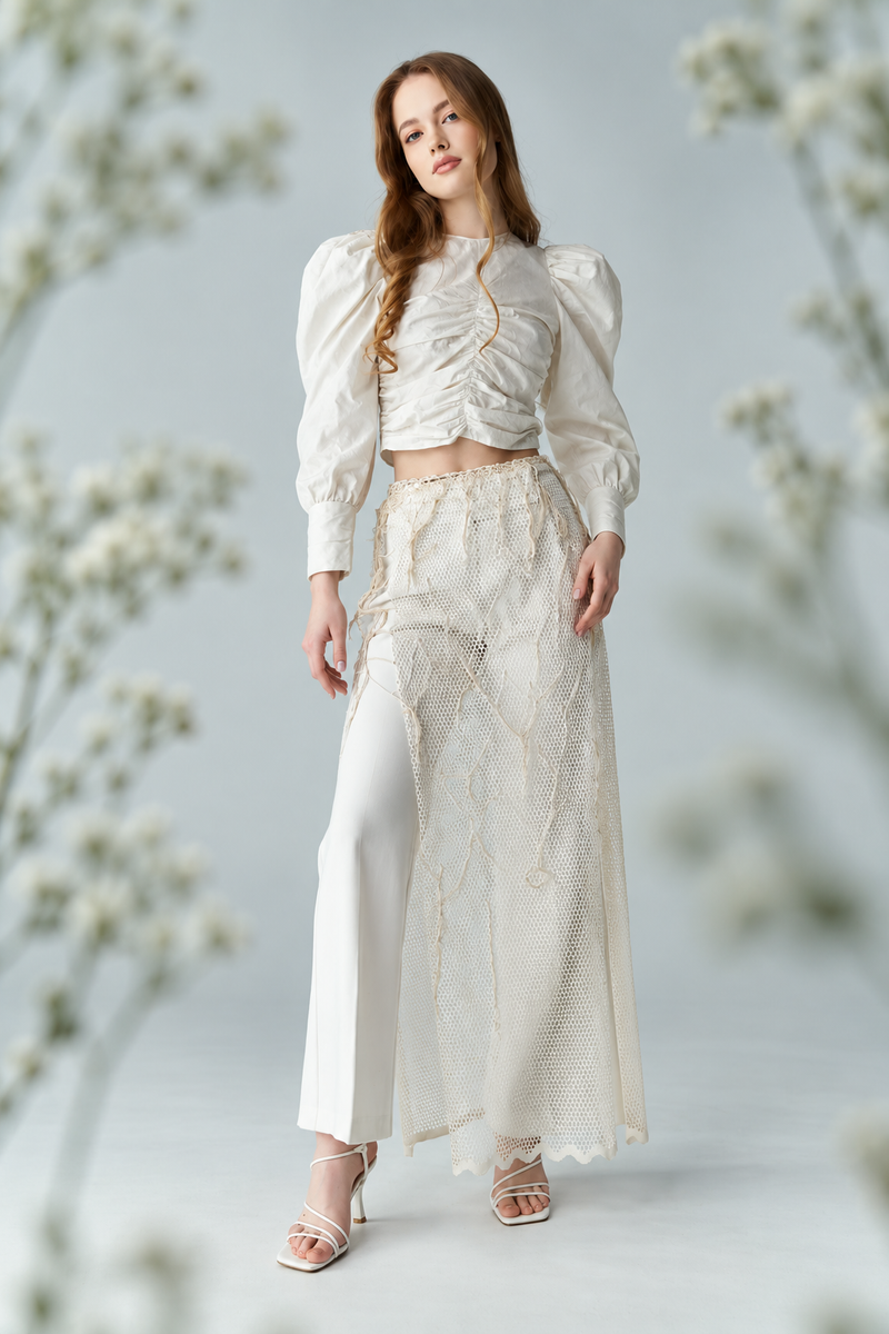 Ivory Ruched Puff-Sleeve Cropped Top