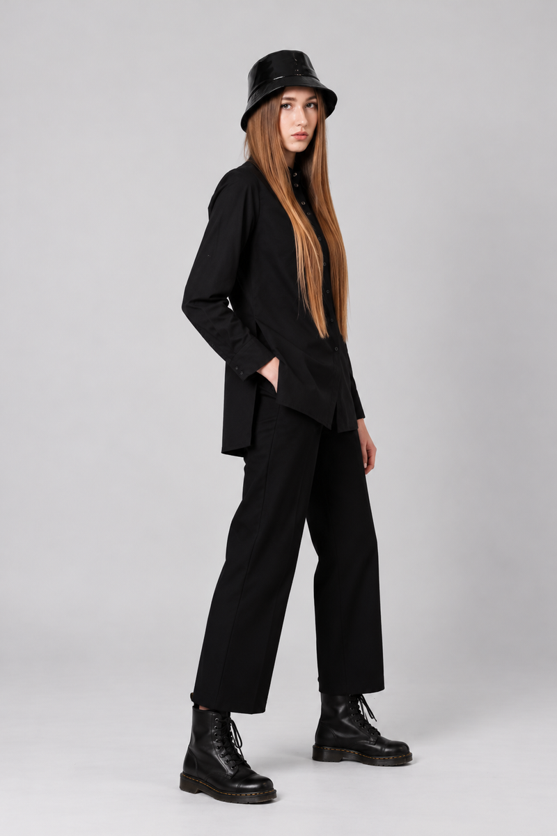 Black Collared Button-Front Shirt