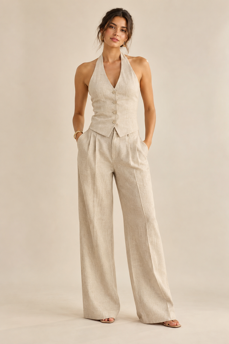 Front view of beige halter waistcoat and wide-leg trouser co-ord set