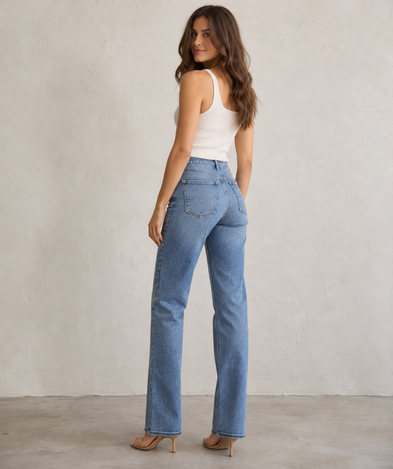 Light-wash high-rise straight-leg jeans, back view