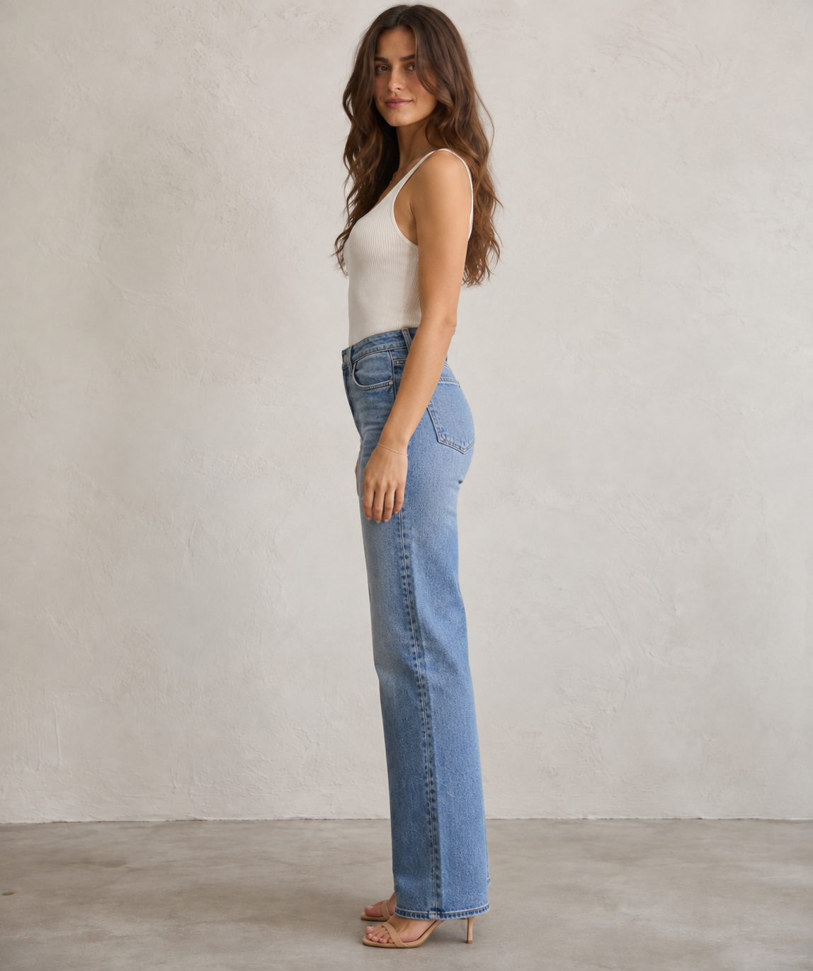 Light-wash high-rise straight-leg jeans, side view