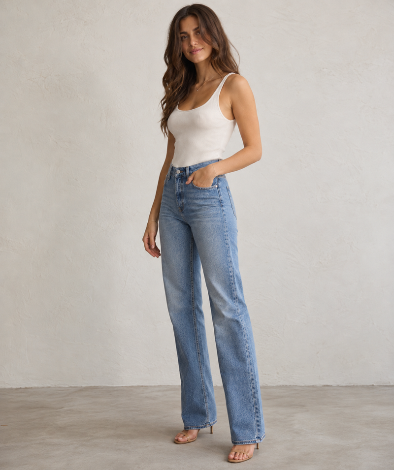 Light-wash high-rise straight-leg jeans, front view