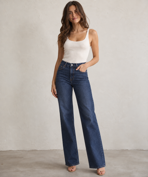 Dark-wash high-rise wide-leg jeans, front view