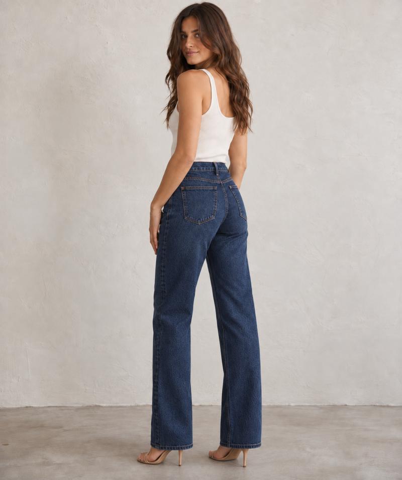Dark-wash high-rise wide-leg jeans, back view