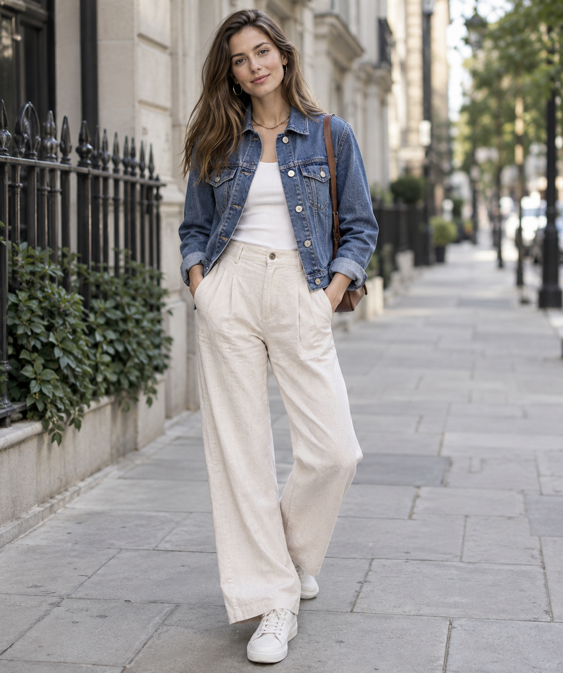 Classic blue denim jacket styled with cream trousers