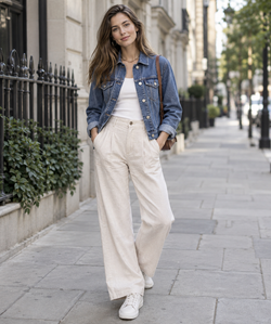 Classic blue denim jacket styled with cream trousers