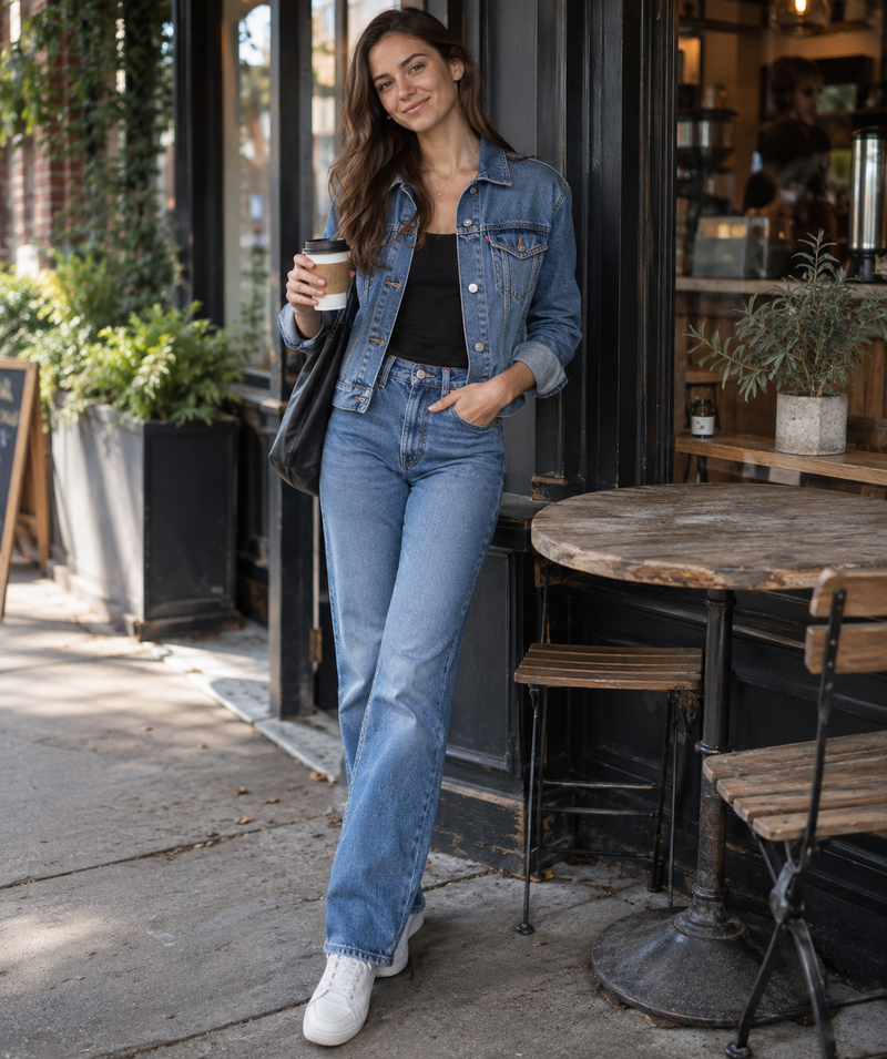 Classic blue denim jacket styled with blue jeans