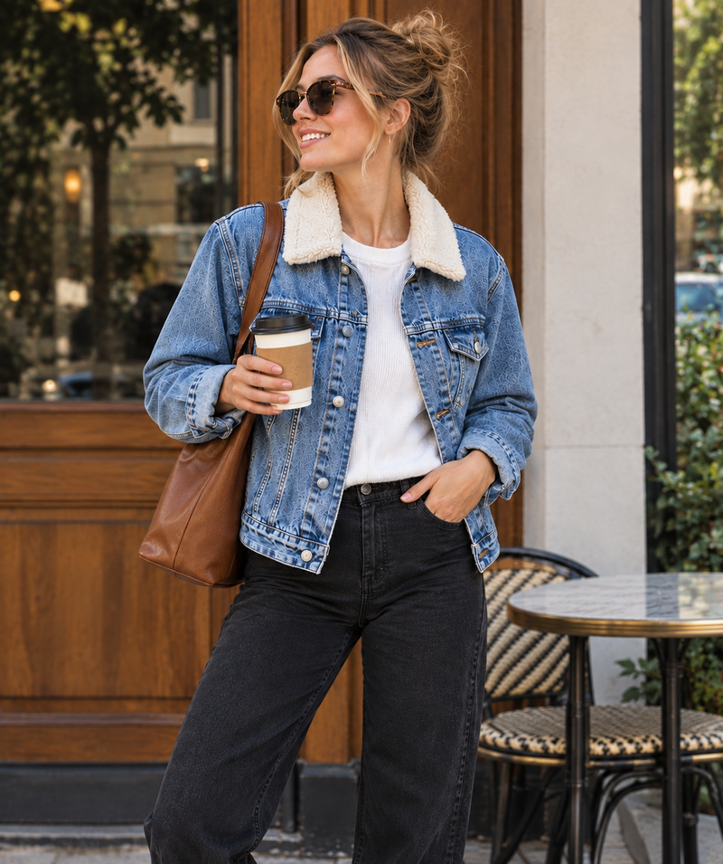 Light-wash denim jacket with cream sherpa collar, front view