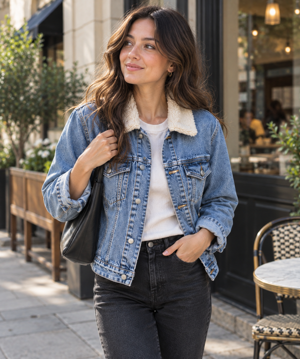 Light-wash sherpa-collar denim jacket styled with black jeans