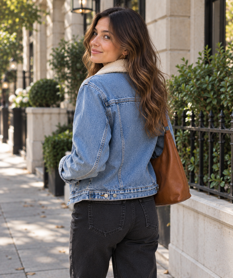 Light-wash denim jacket with cream sherpa collar, back view
