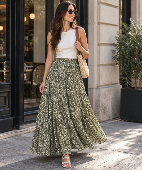 Olive floral tiered maxi skirt styled for an everyday look