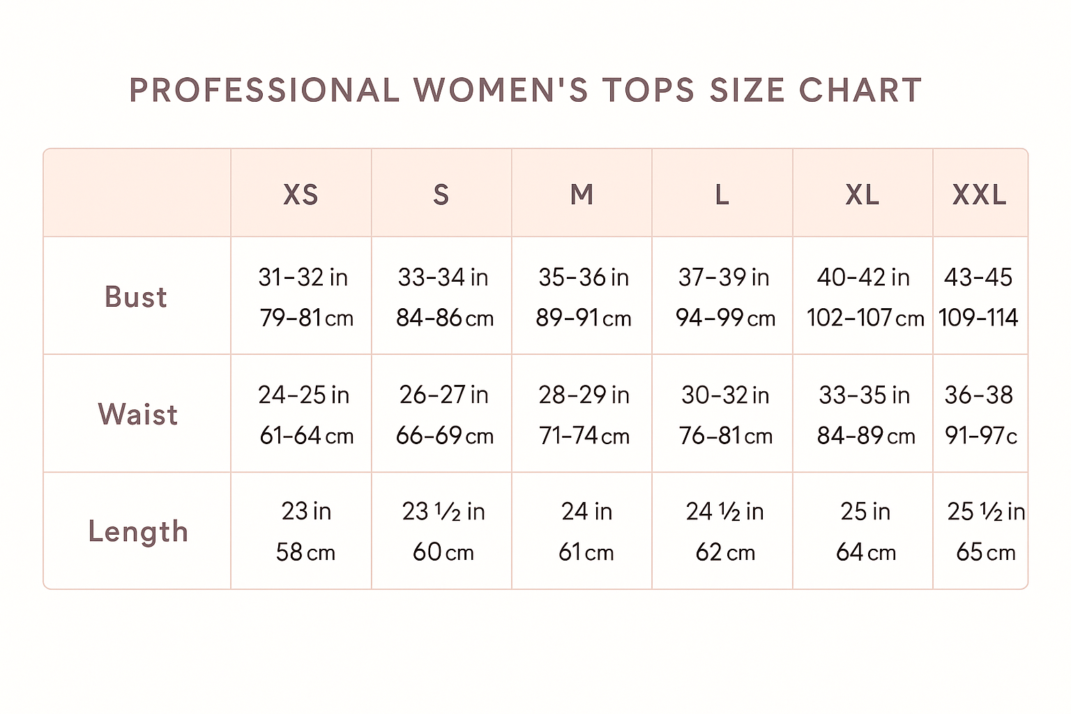 Desktop Women's Tops Size Chart
