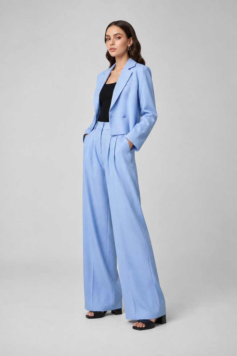 Front three-quarter view of the blue blazer co-ord set