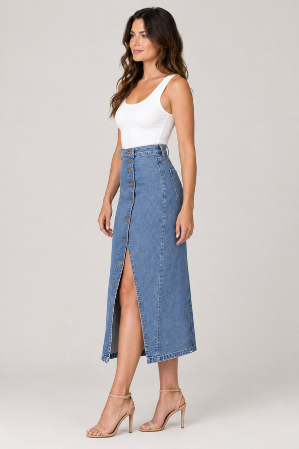 Front three-quarter view of the denim midi skirt