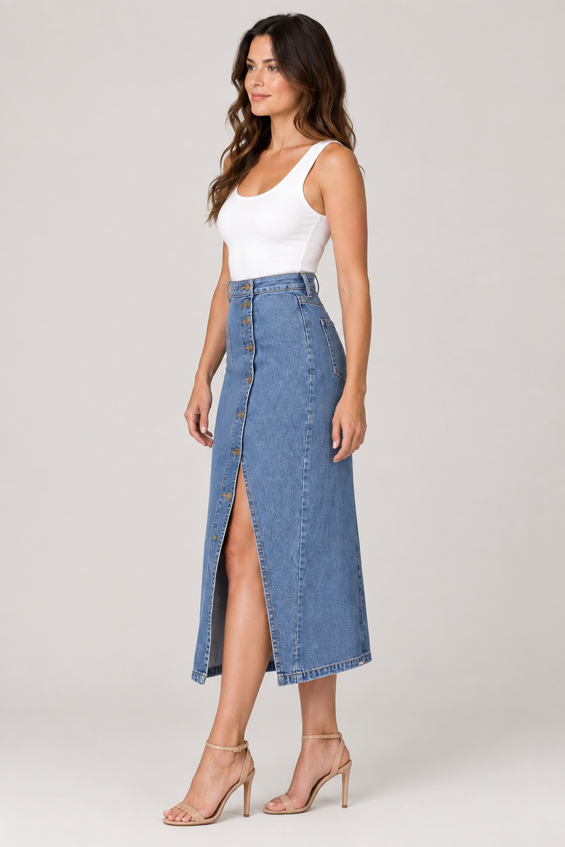 Front three-quarter view of the denim midi skirt