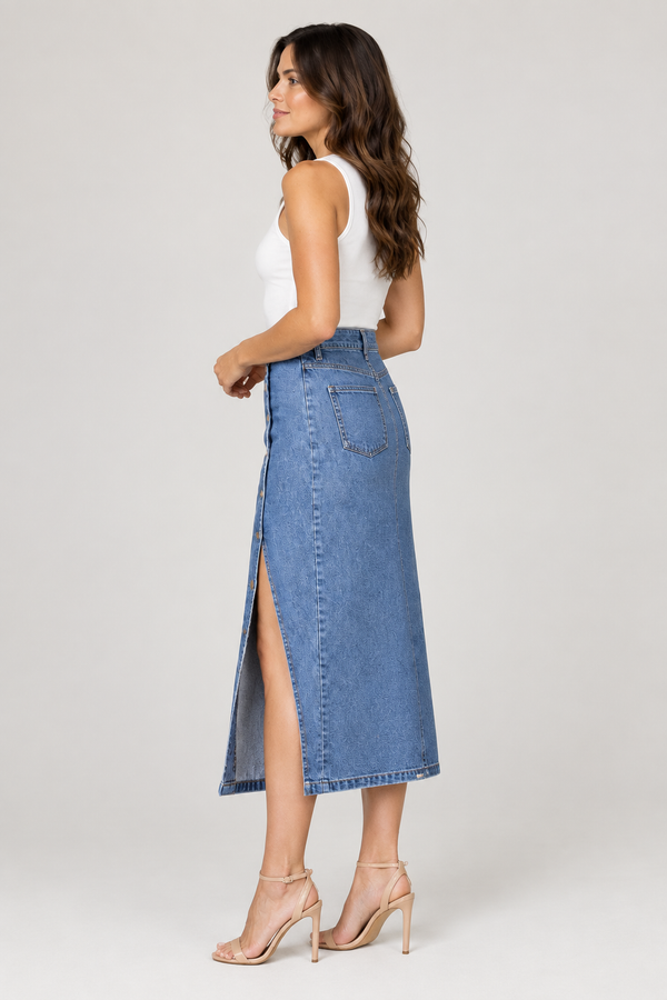 Rear three-quarter view of the denim midi skirt